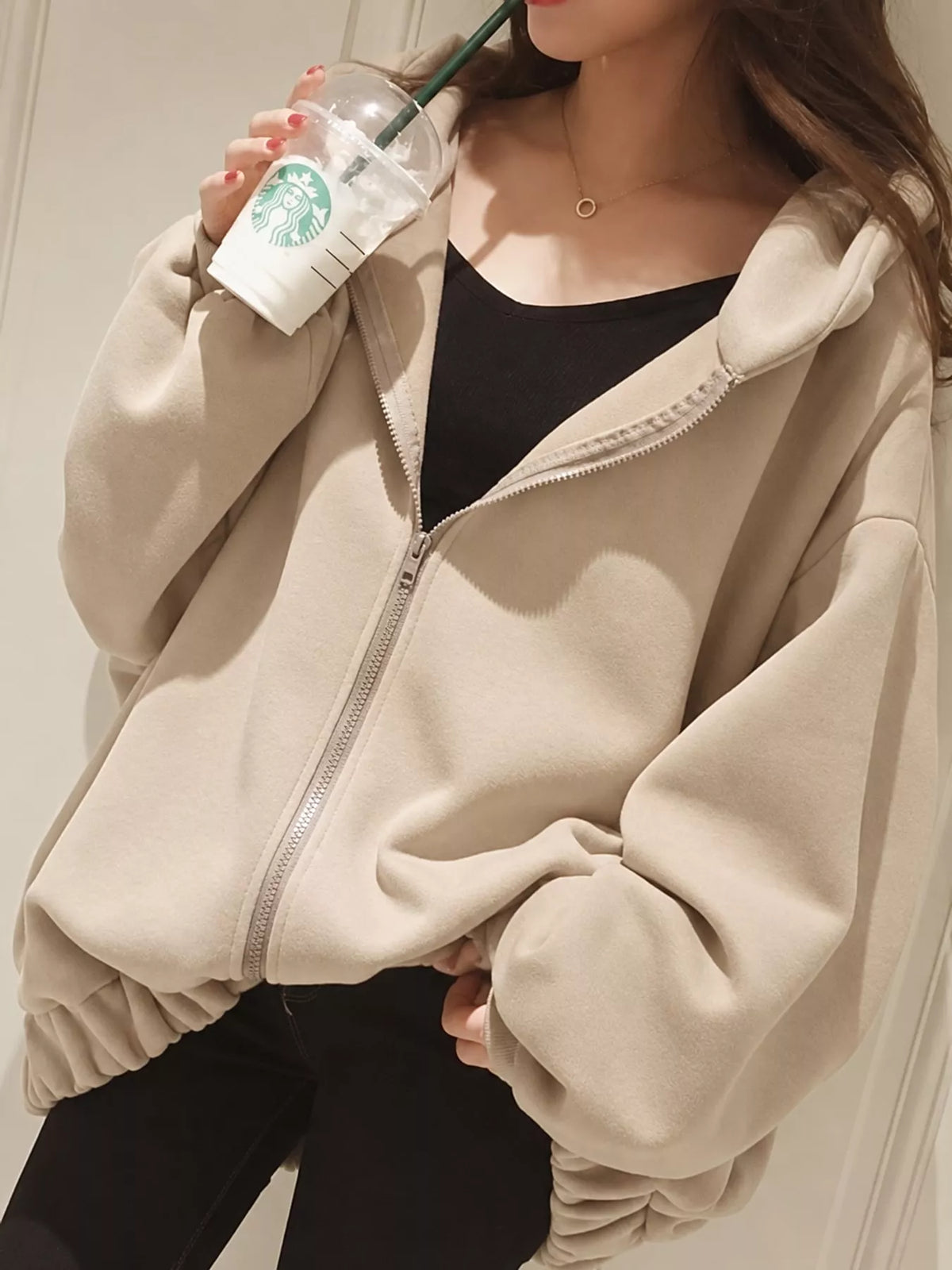 Khaki oversized zip-up hoodie