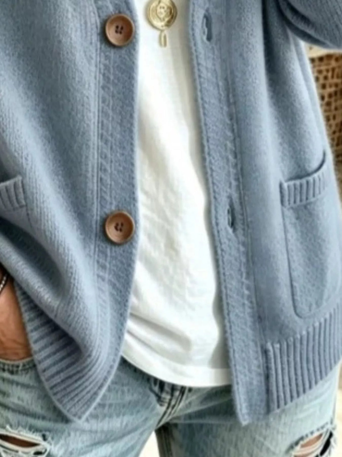 Women's Button Up Raglan Sleeve Cardigan in Sky Blue, back view