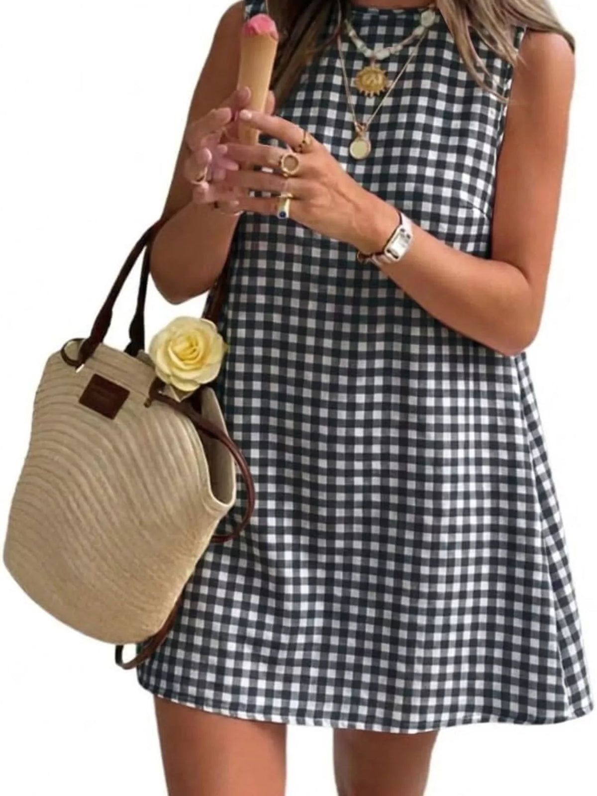 Trendsi Gingham Sleeveless A-Line Mini Dress -