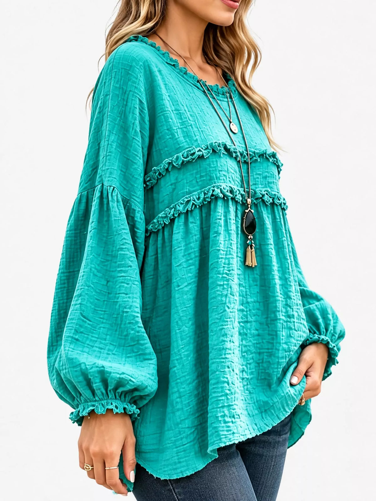 Turquoise textured frayed-trim peplum blouse