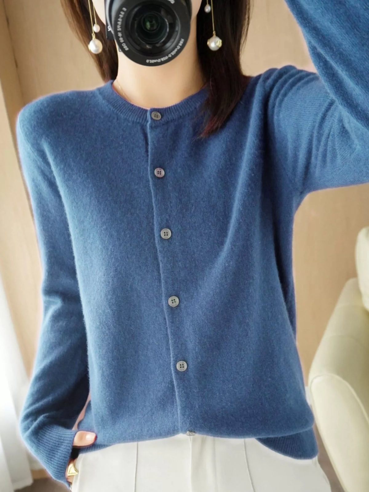 Blue crew neck button-front cardigan
