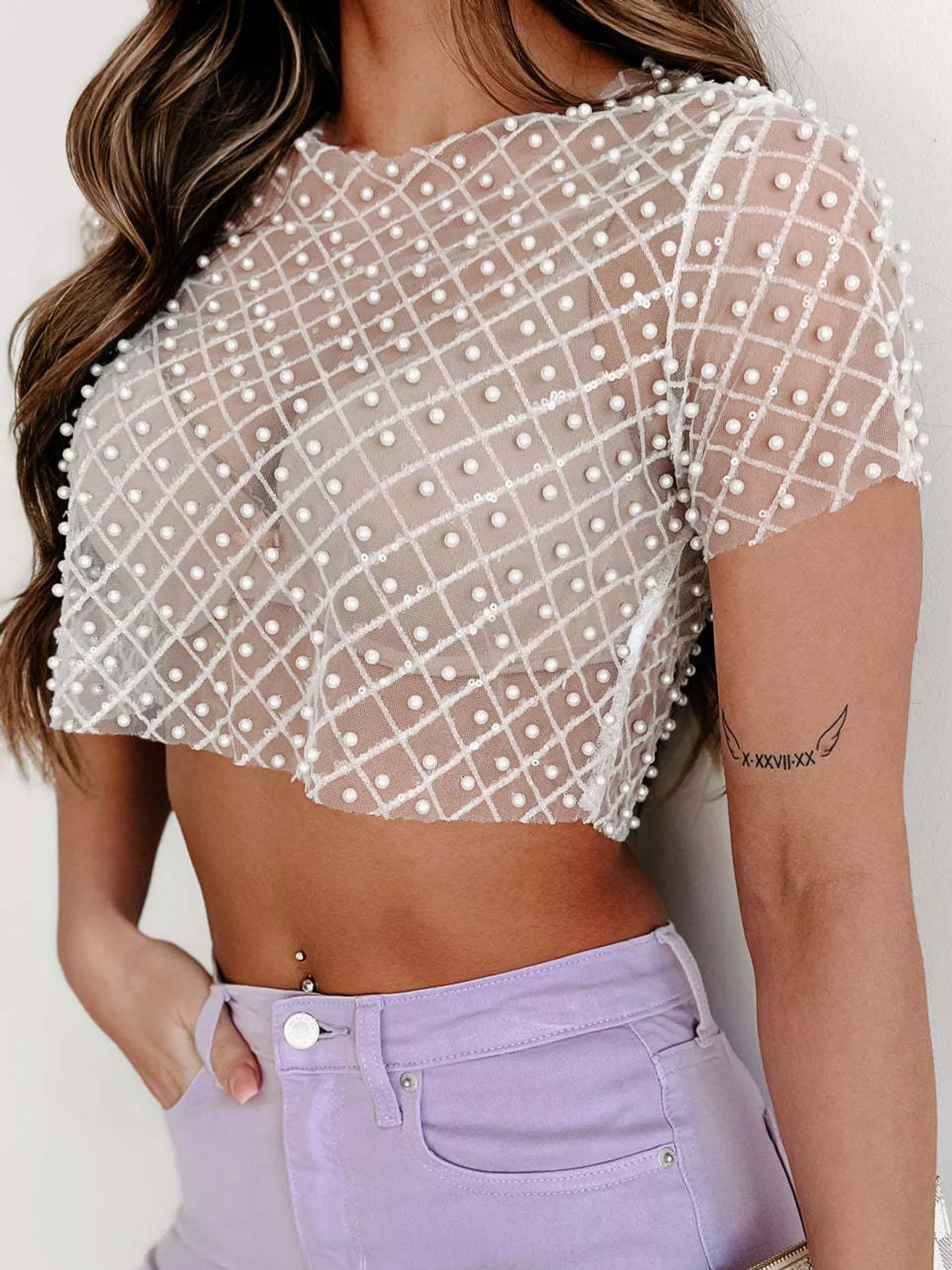 Sheer Mesh Pearl Embellished Crop Blouse, detail view in white