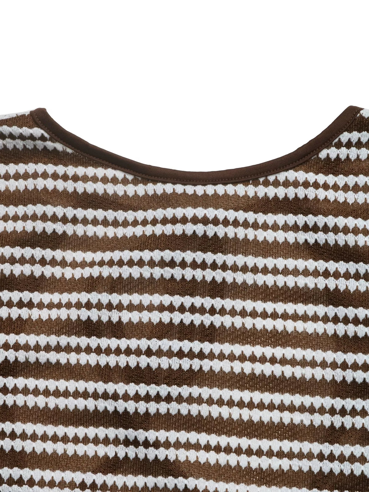Brown and white striped flare sleeve knit dress, round neckline detail