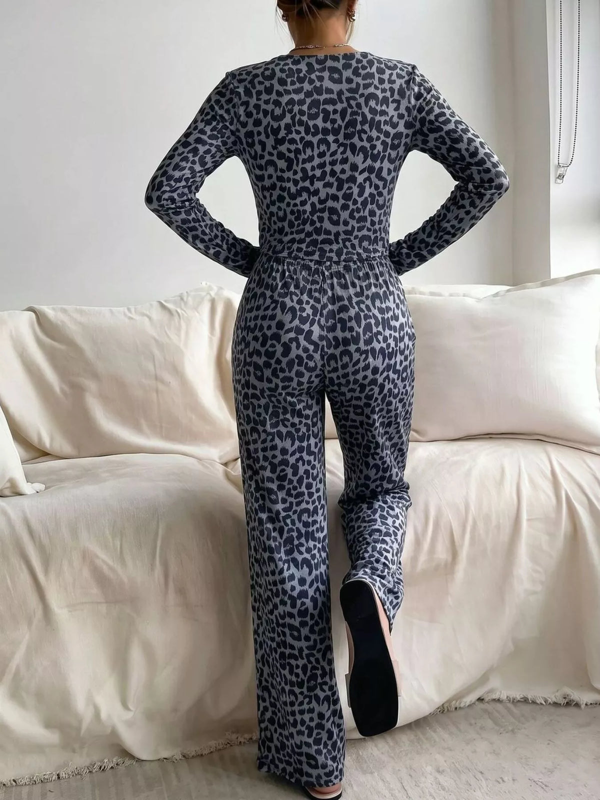 Dark Gray Leopard Print Long Sleeve Top and Pants Lounge Set close-up view