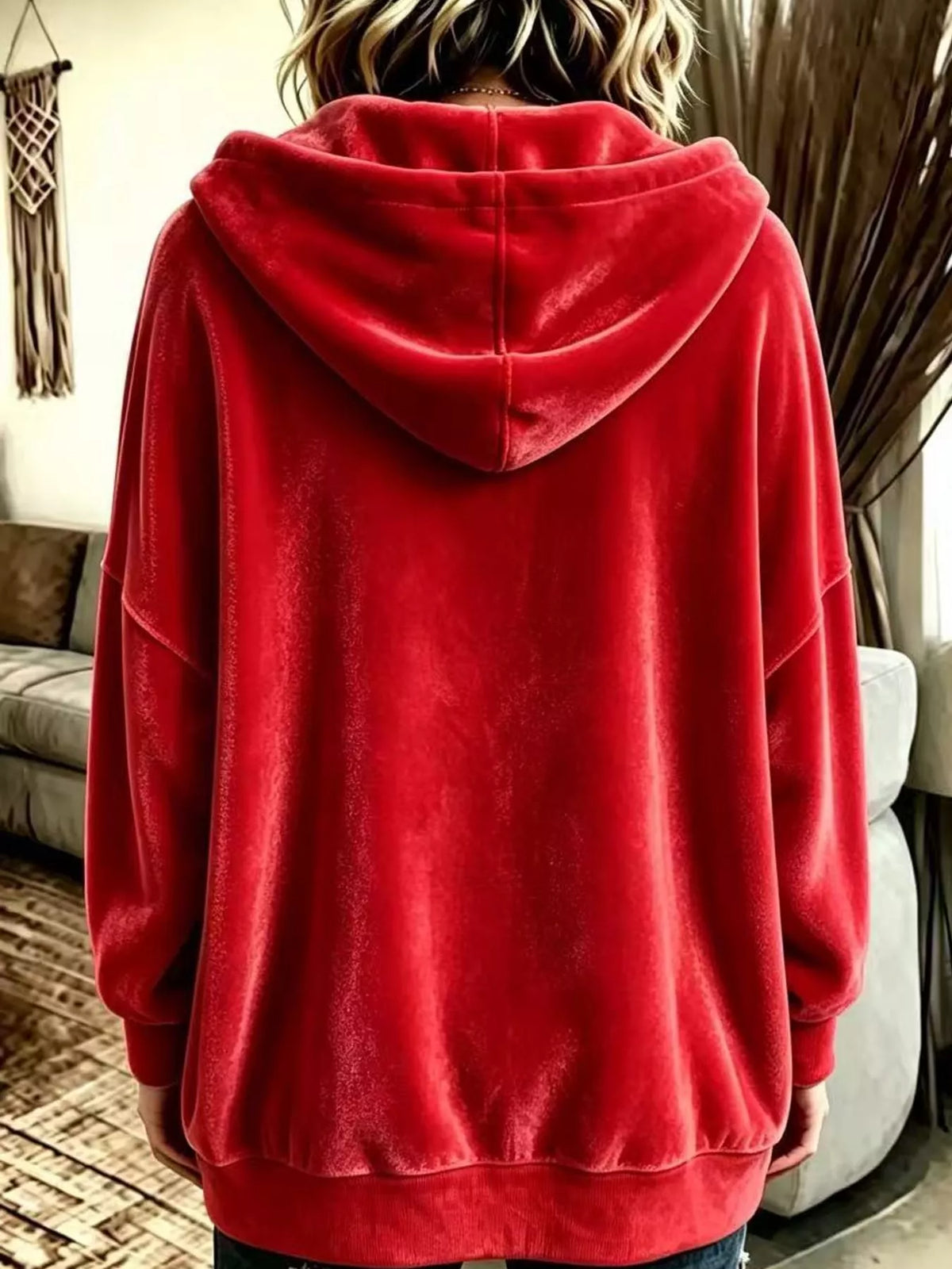 Red velvet dropped shoulder hoodie, back view