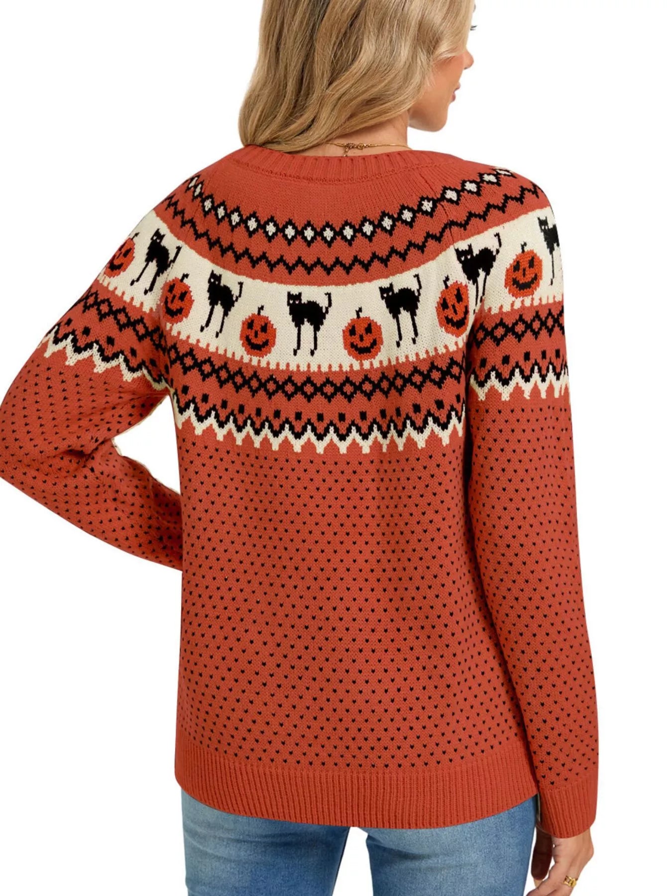 Trendsi Halloween Pumpkin and Cat Pattern Knit Round Neck Sweater -