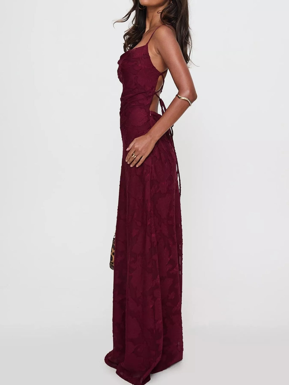 Cowl neck spaghetti-strap maxi dress, side view