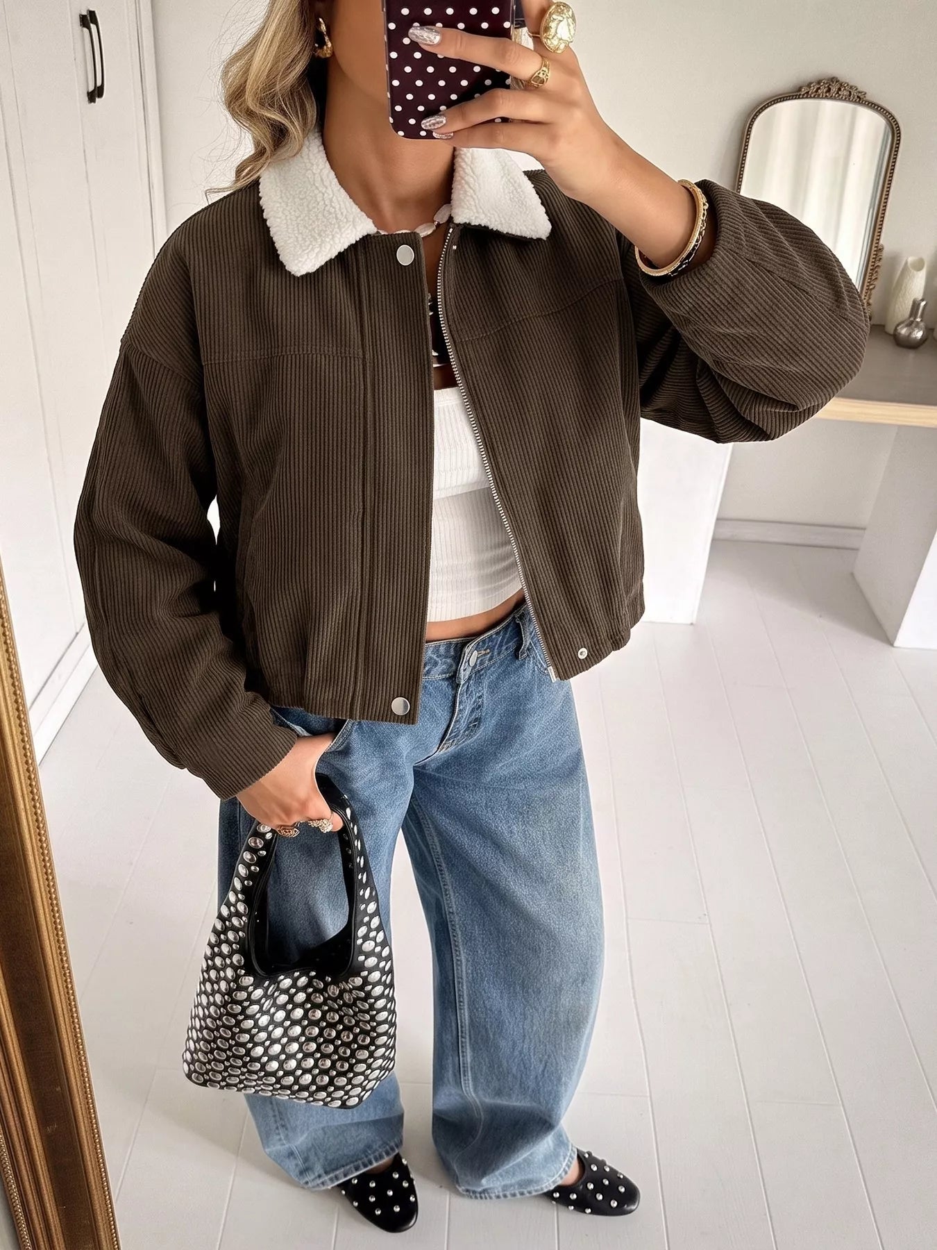 Trendsi Contrast Sherpa Collar Corduroy Zip Up Jacket -