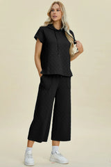 Trendsi Double Take Full Size Texture Drawstring Short Sleeve Hoodie and Pocketed Pants Set -