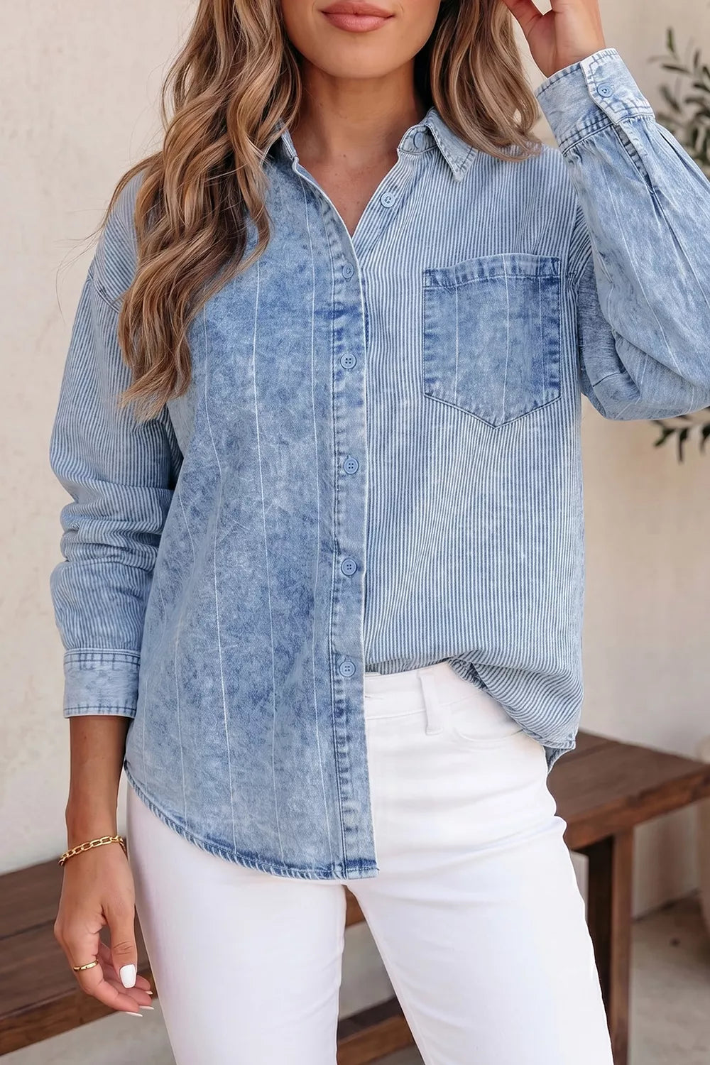 Trendsi Button-Down Front Striped Denim Shirt -