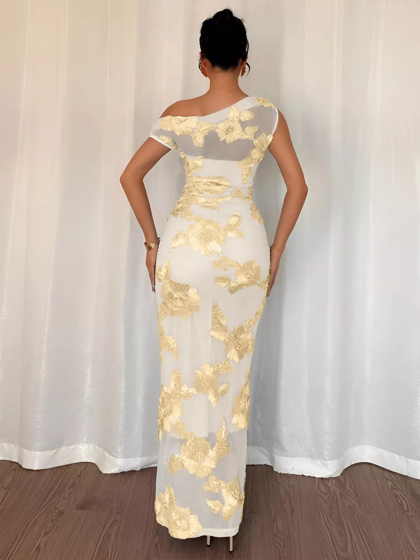 Trendsi Embroidered One Shoulder Maxi Dress -