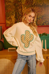 Trendsi BiBi Cactus Embroidered Fleece Sweatshirt -