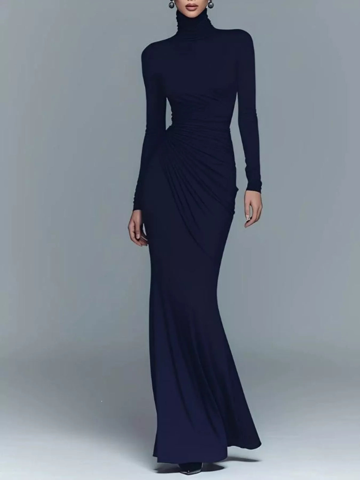 Navy turtleneck ruched maxi dress