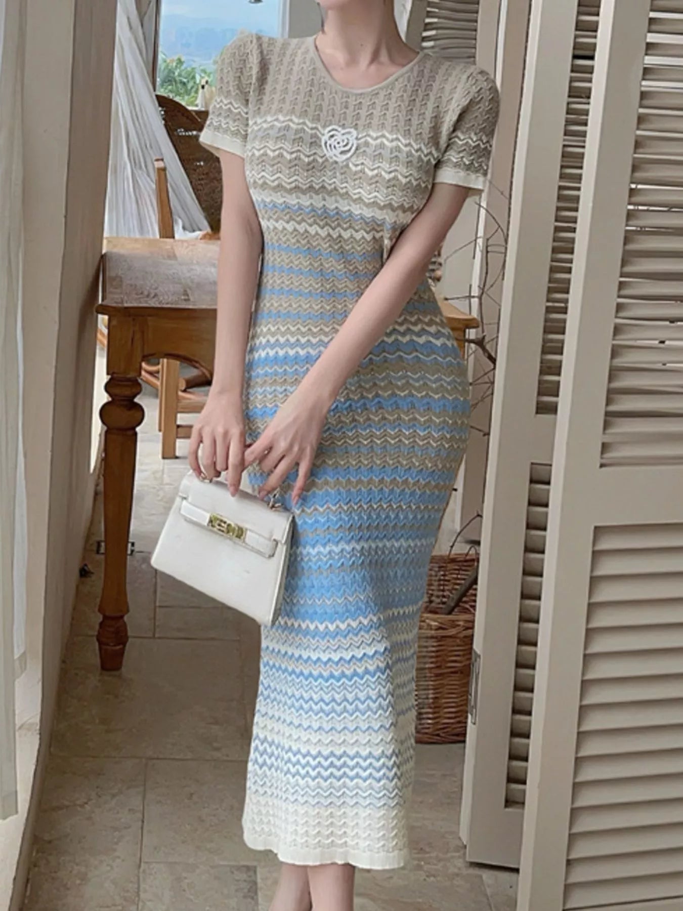 Trendsi Gradient Knit Striped Short Sleeve Midi Dress -