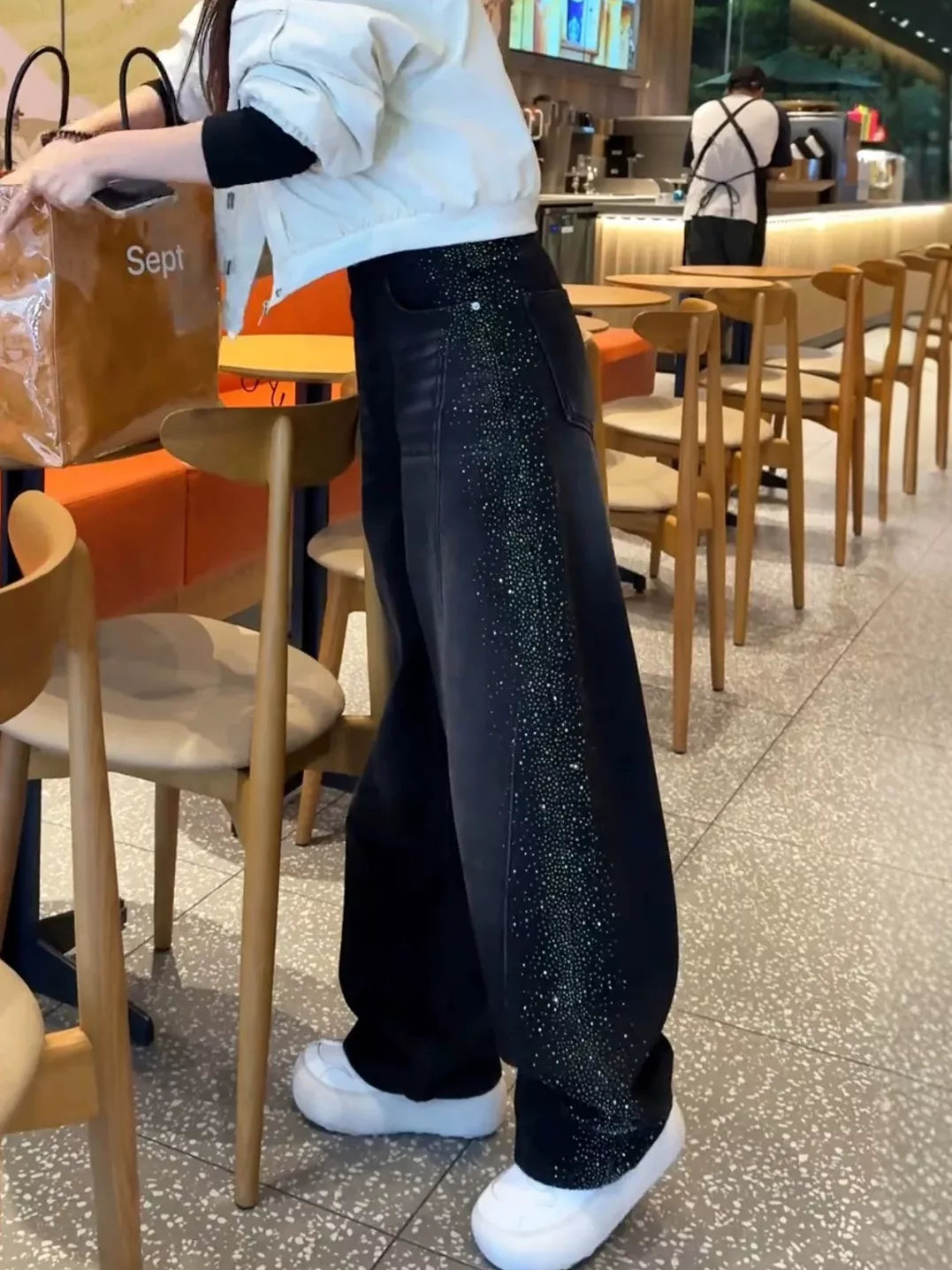 Rhinestone Embellished Wide-Leg Jeans in black