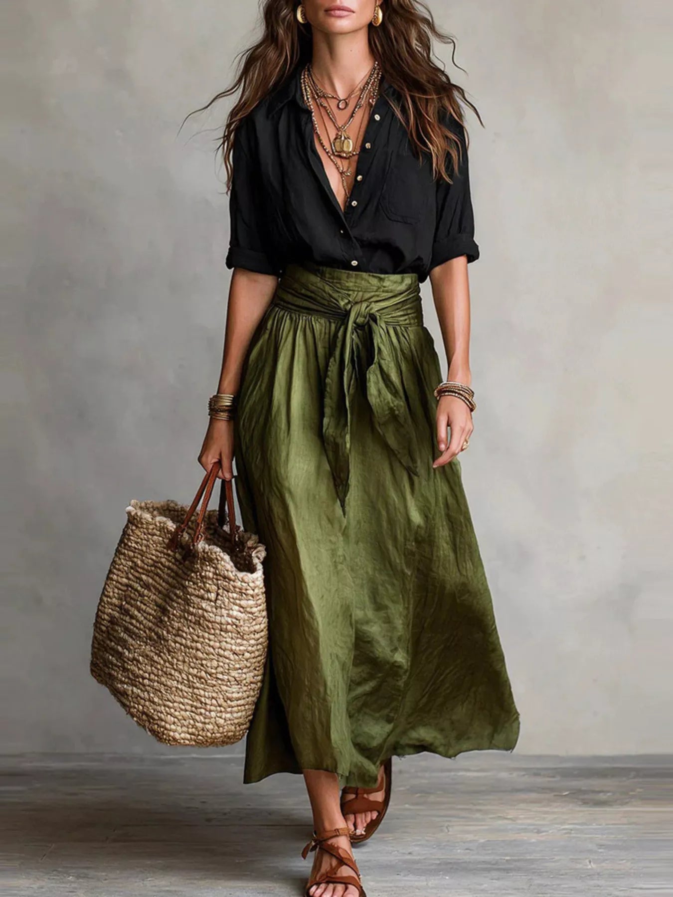 Trendsi Button-Down Shirt and High-Waisted Tie-Front Maxi Skirt Set -