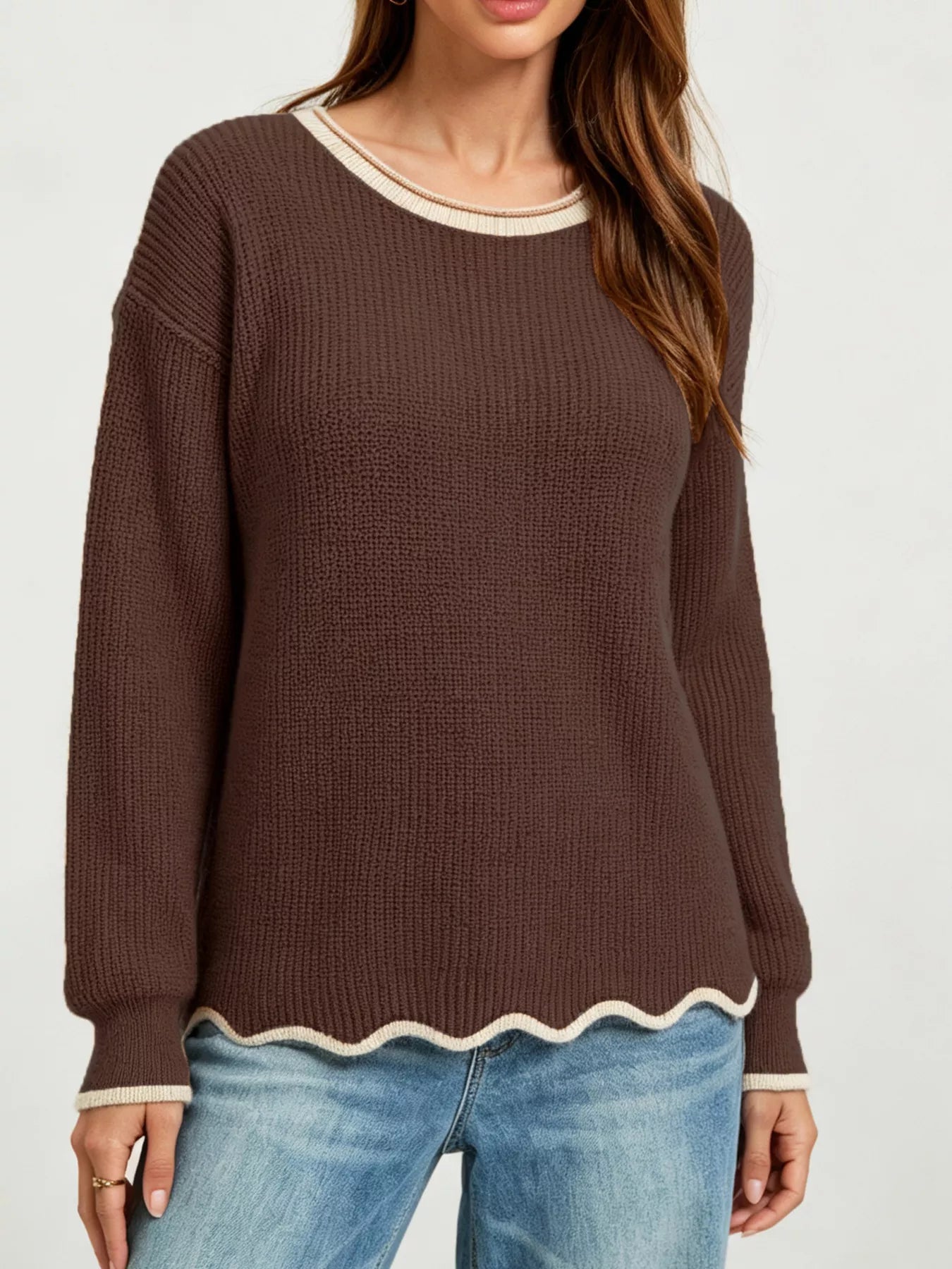 Trendsi Contrast Trim Scalloped Hem Ribbed Knit Sweater -
