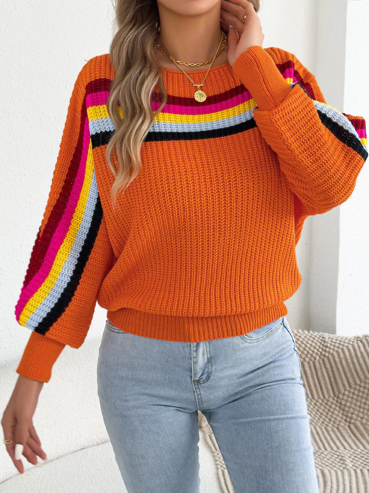 Striped Knit Boat Neck Sweater in orange, front view