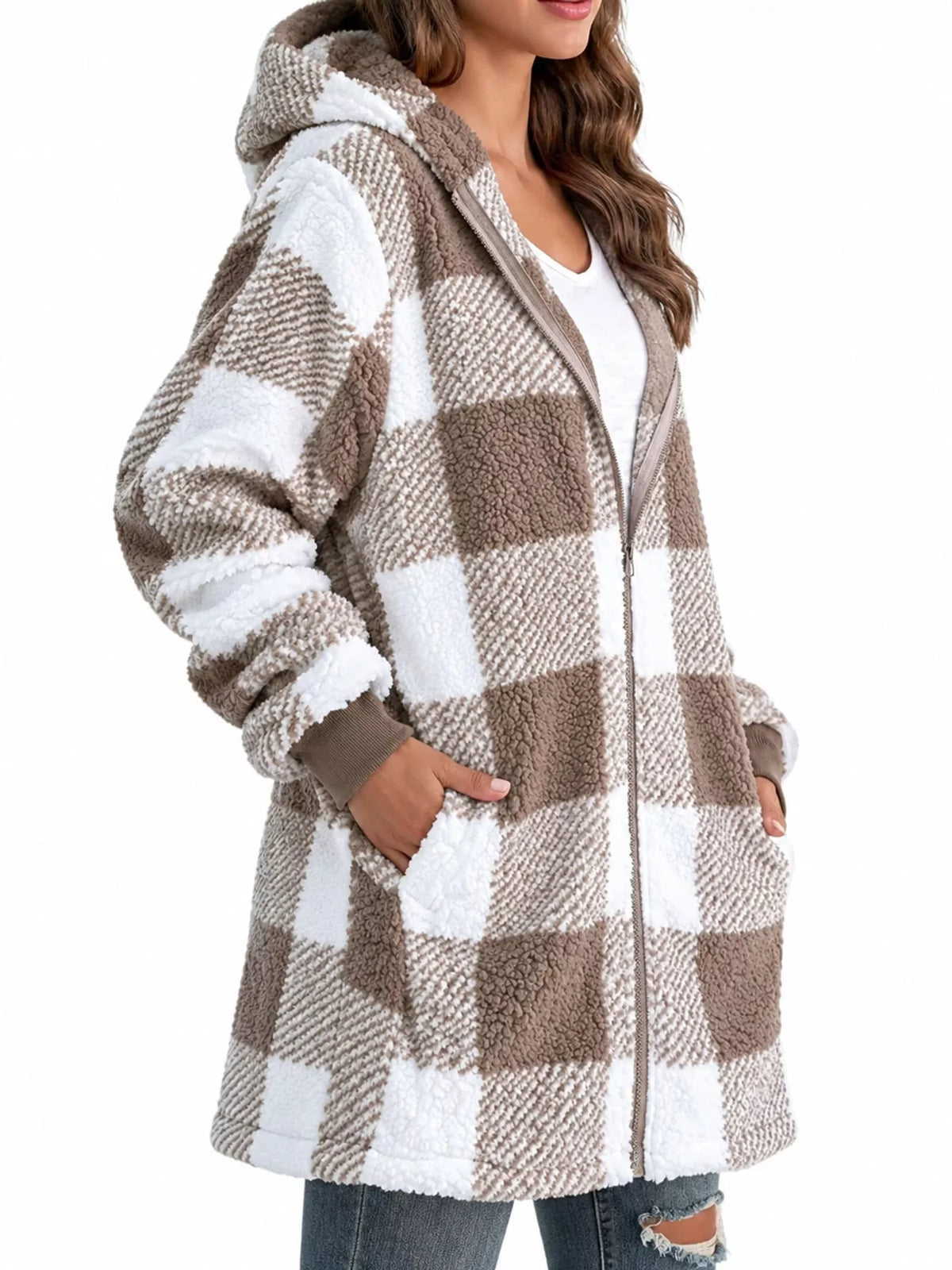 Brown and white plaid sherpa hooded zip up jacket, front view