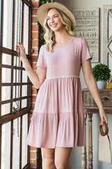 Trendsi Heimish Full Size Solid Mini Tiered Dress with Pompom Lace Plus Size -