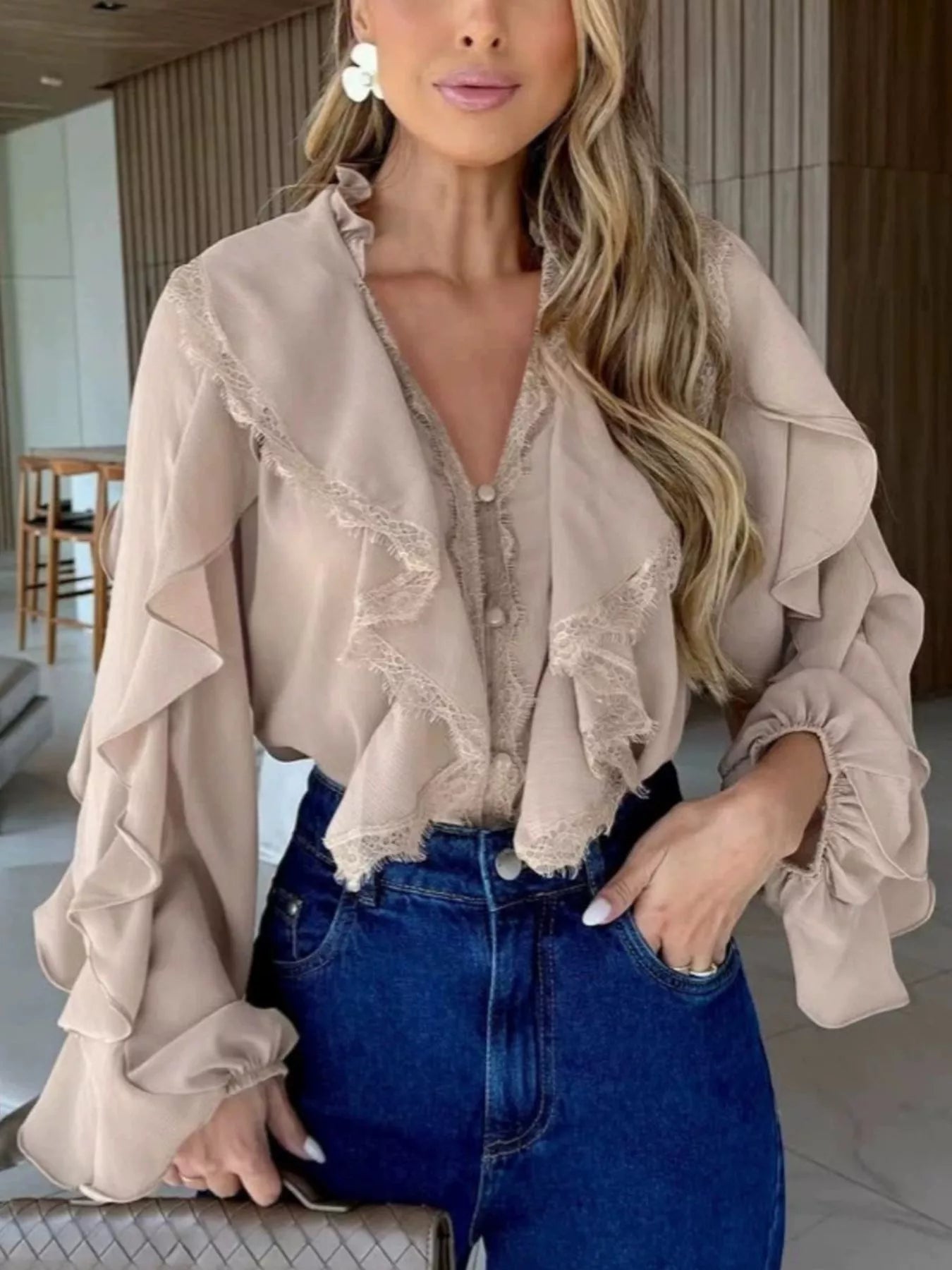 Trendsi V-Neck Ruffled Lace Trim Blouse -