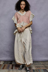 Trendsi POL Floral V-Neck Short Sleeve Ruffled Double Gauze Blouse with Embroidery Detail -