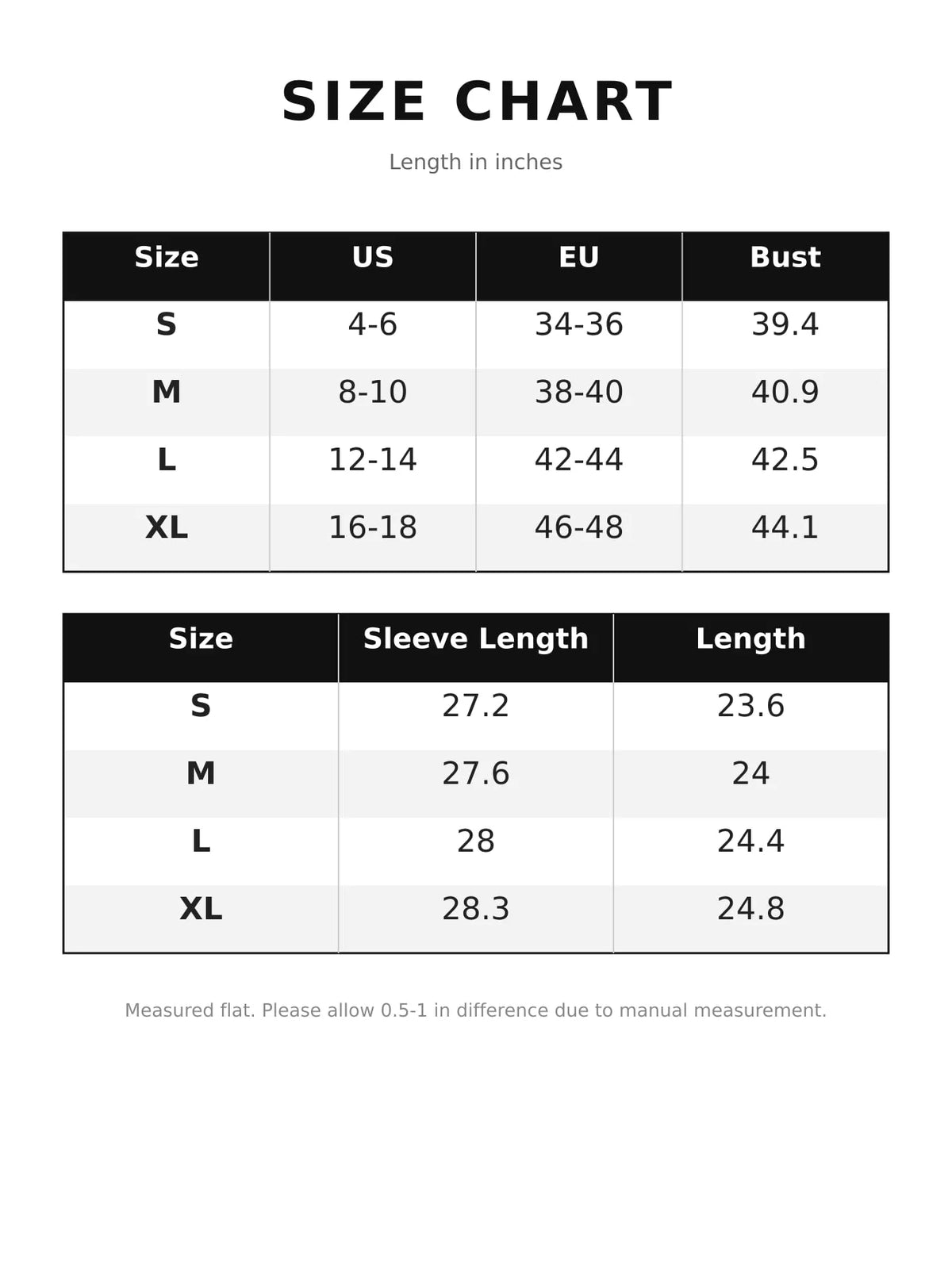Size chart for lettering turtleneck sweater