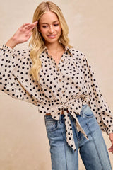 Trendsi BiBi Polka Dot Print Tie Hem Detail Crop Shirt -