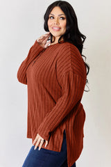 Trendsi Basic Bae Full Size Ribbed Half Button Long Sleeve High-Low T-Shirt - Pants