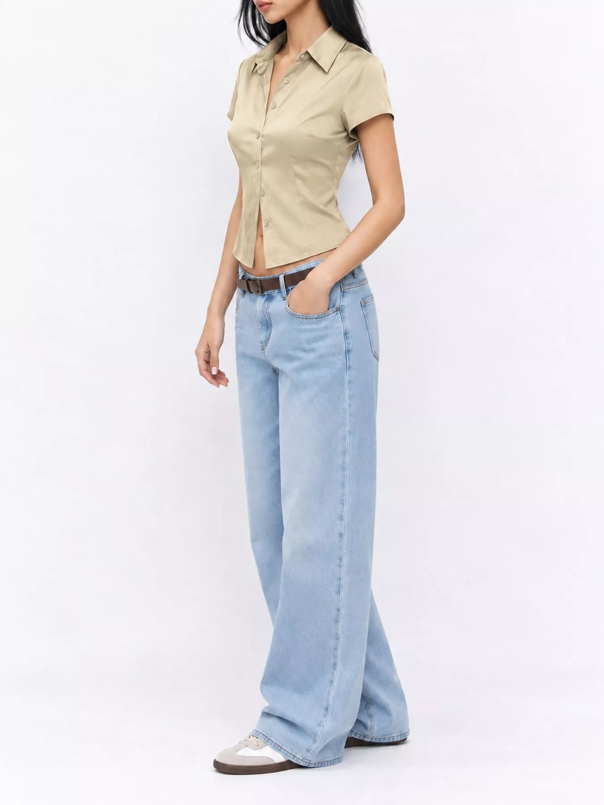Satin Short Sleeve Button-Down Shirt in beige