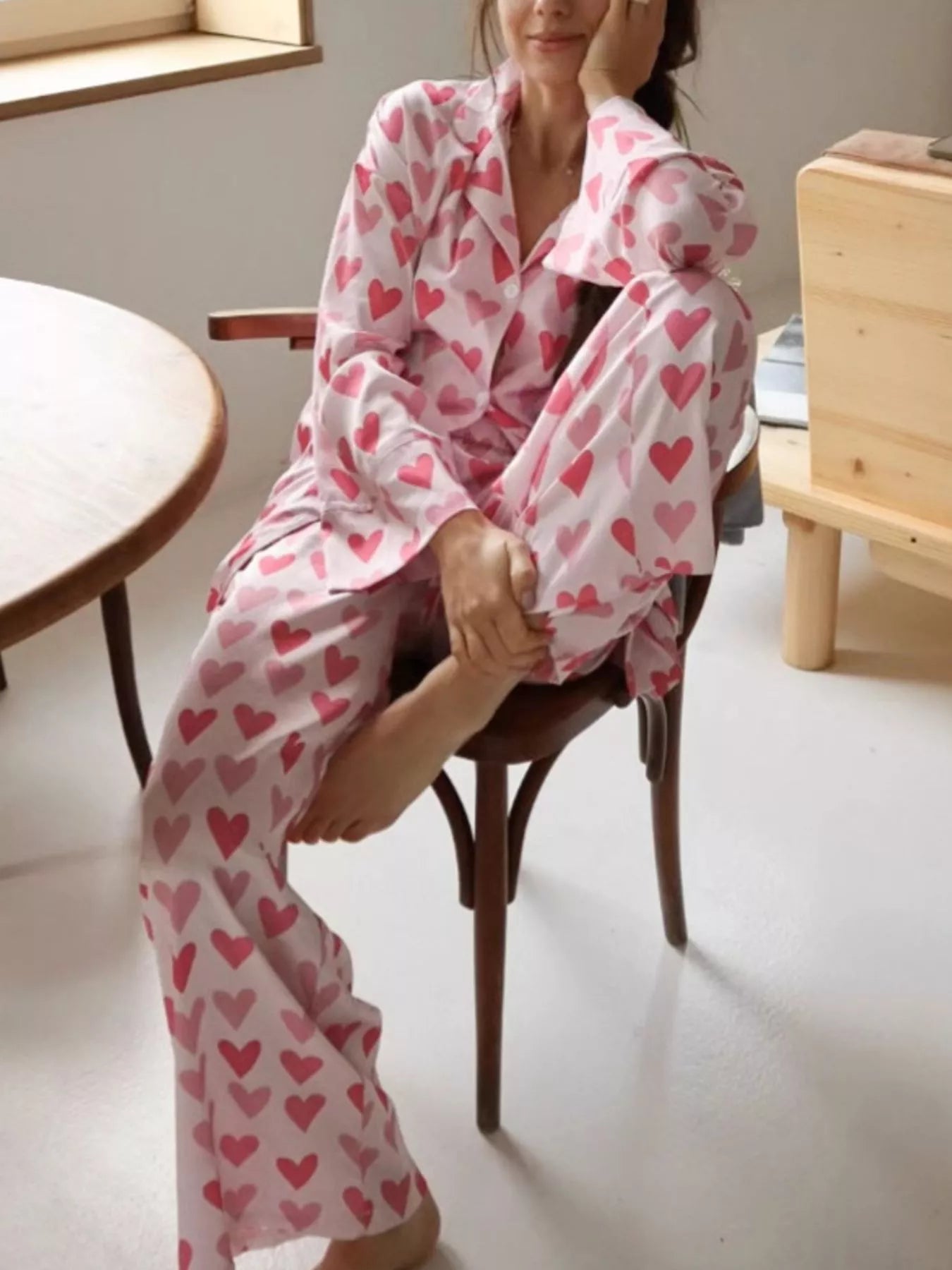 Trendsi Heart Print Button Up Top and Pants Lounge Set -