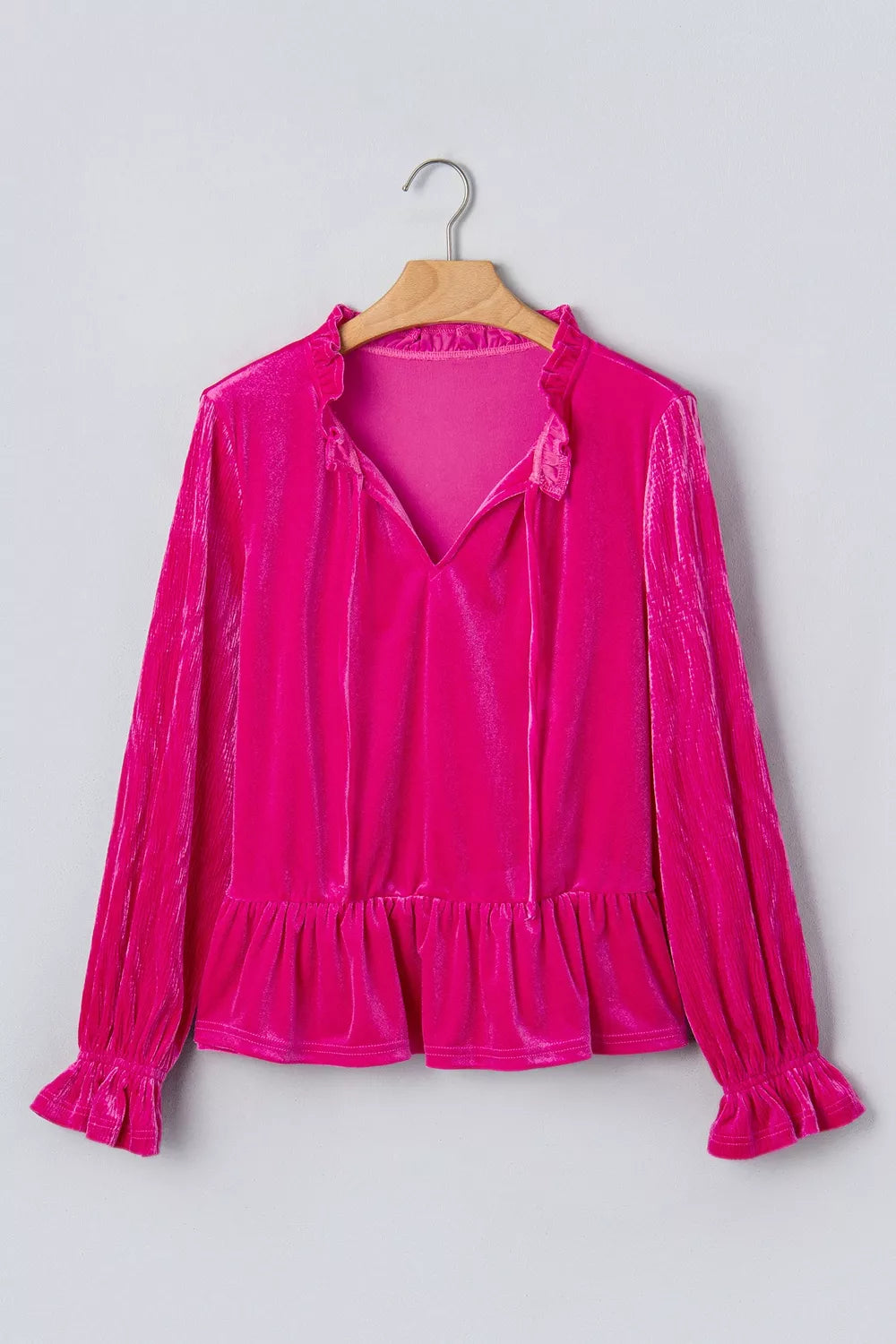 Trendsi V Neck Velvet Ruffled Cuffs Hem Long Sleeve Top -