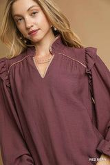 Trendsi Umgee Ruffle Shoulder Long Sleeve Blouse -