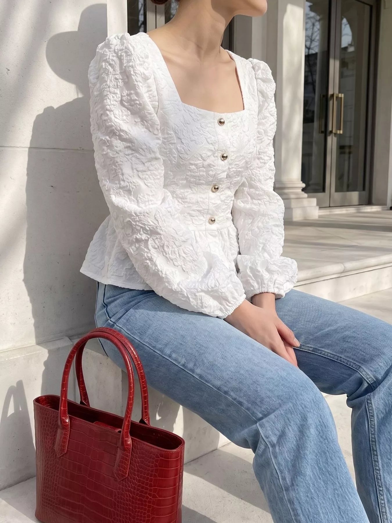 Trendsi Square Neck Textured Peplum Blouse -