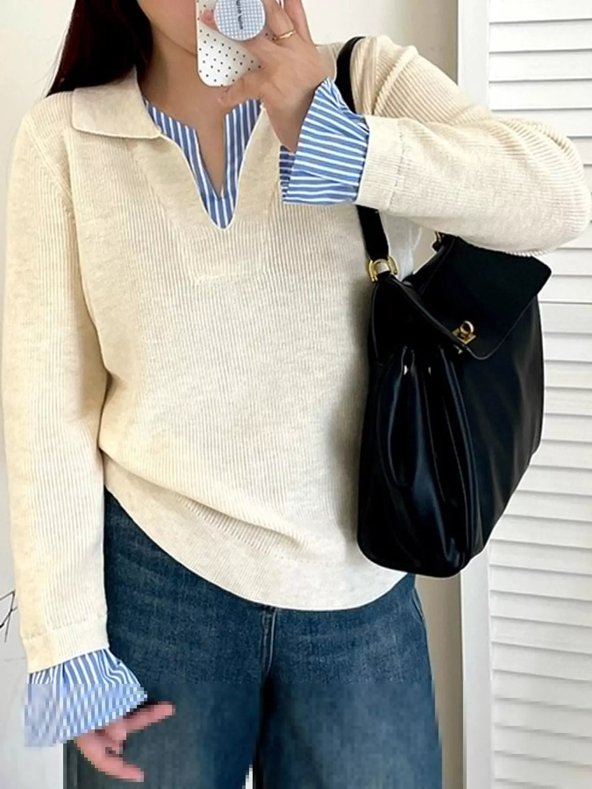 Cream layered look striped sweater