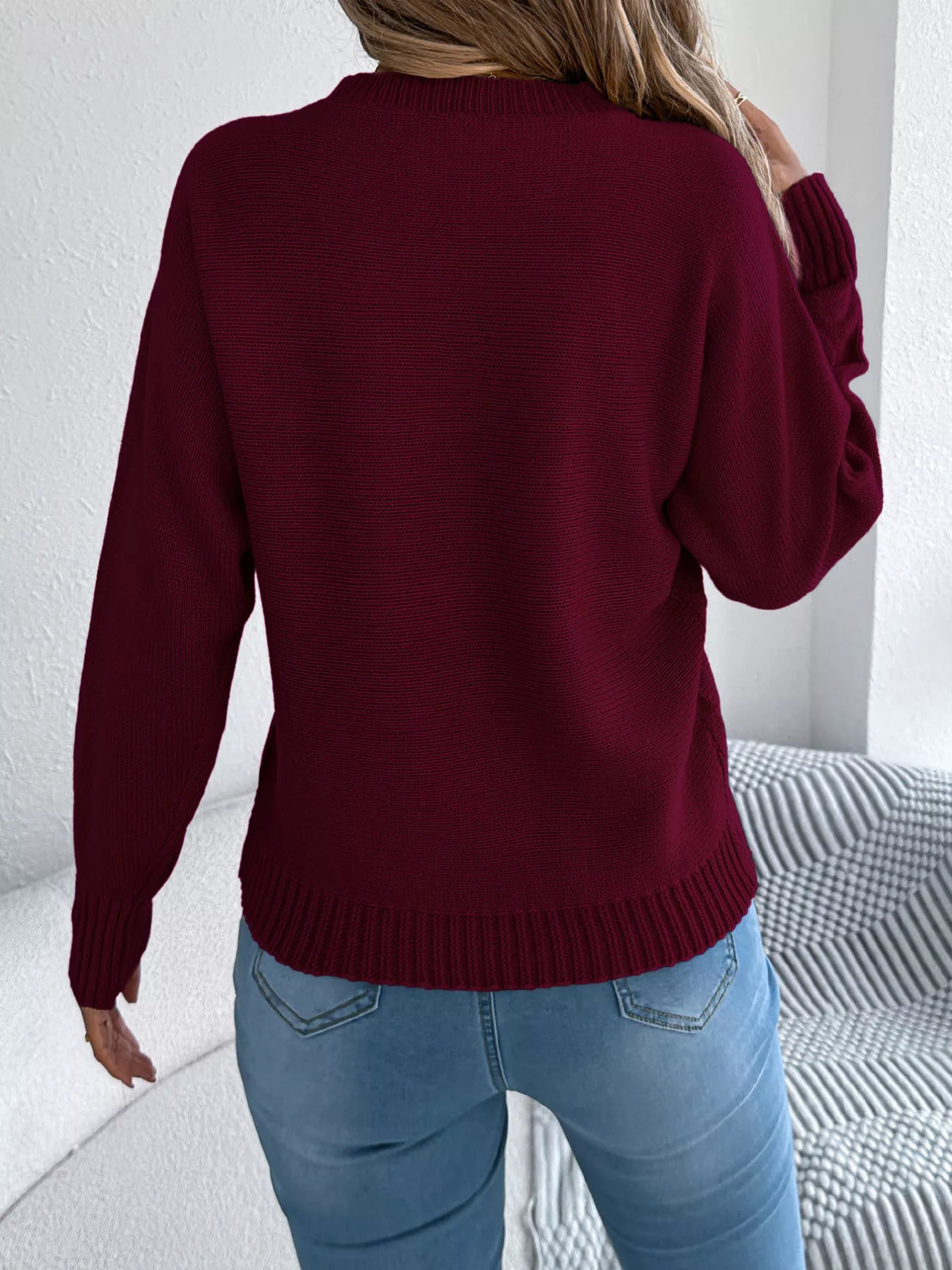 Wine Red cable knit crew neck sweater, back view