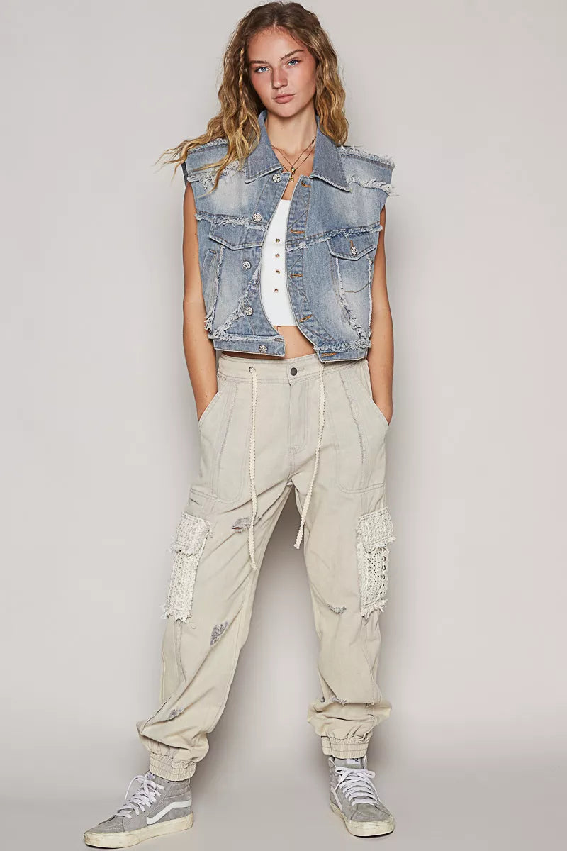 Women's Distressed Denim Vest With Asymmetrical Button Front — product view 7