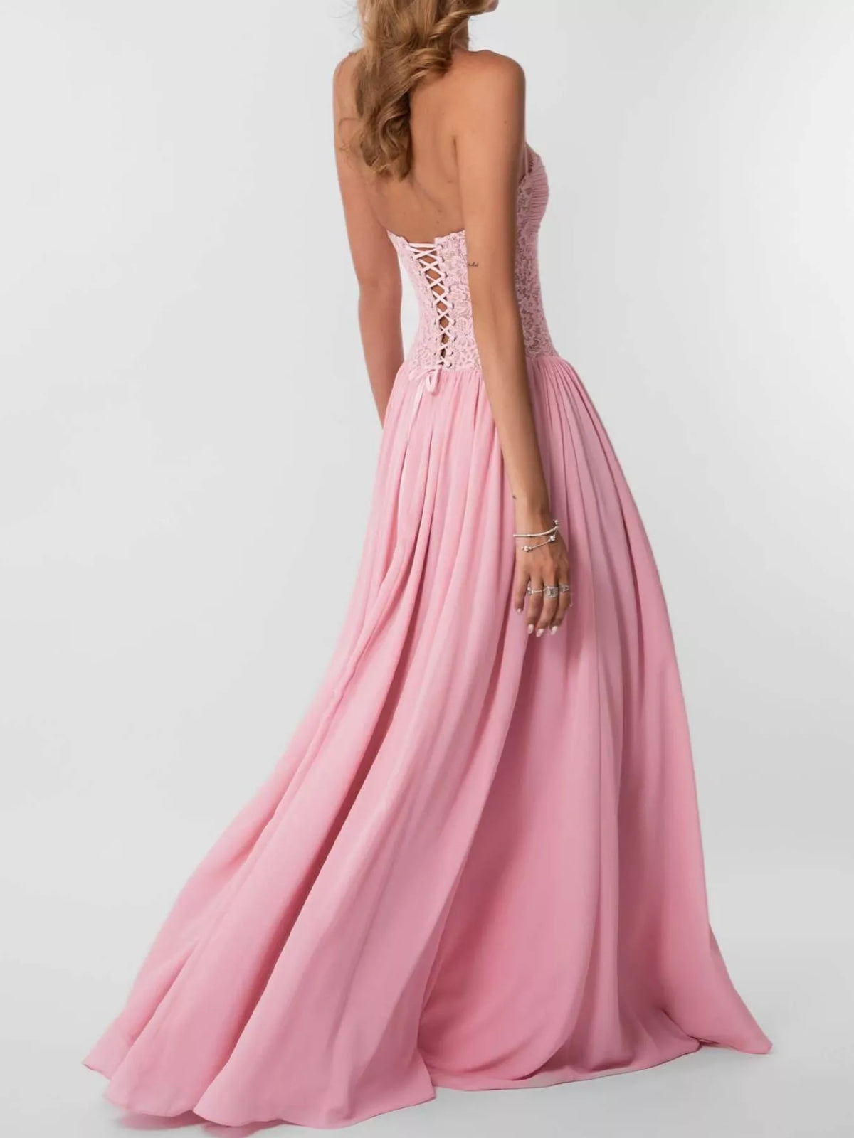 Pink lace corset halter neck maxi dress — side view
