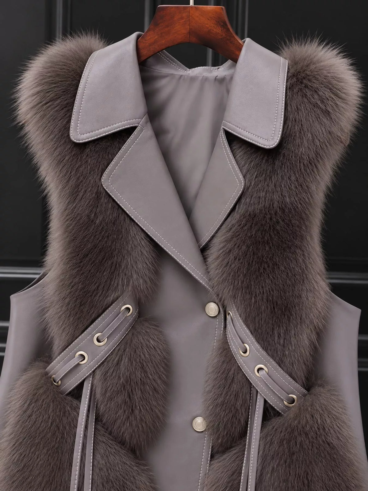 Faux Fur Snap Down Vest Coat, detail view in dusty rose