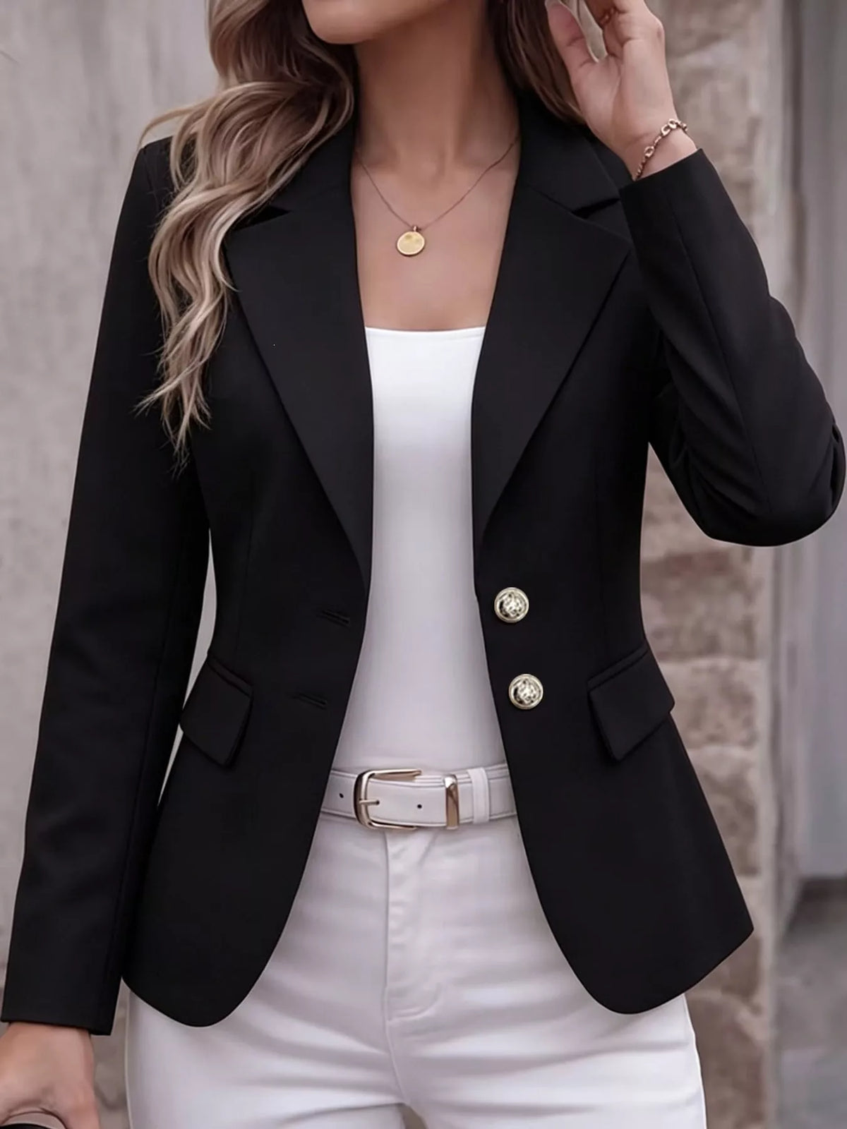 Collared long sleeve blazer, front view on model