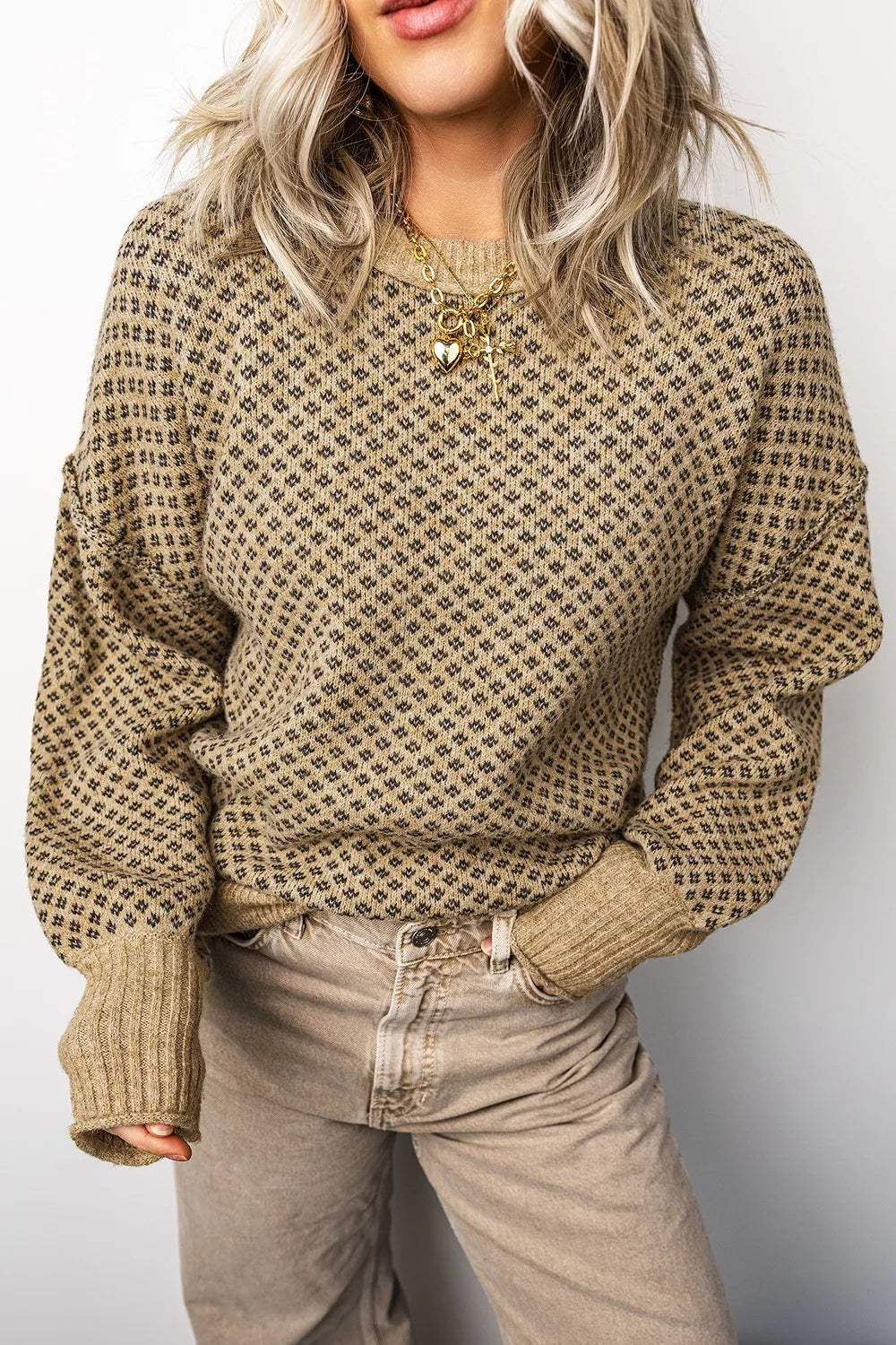 Trendsi Geometric Print Drop Shoulder Round Neck Long Sleeve Sweater -