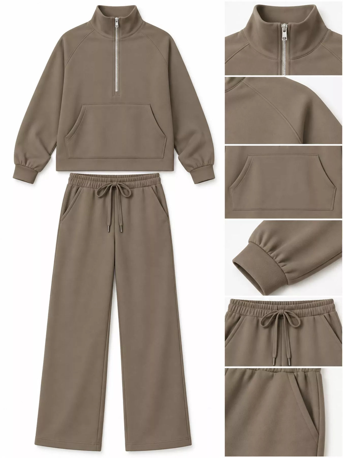 Half-zip top and pants set, taupe garment details