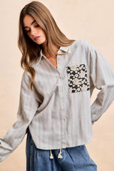 Trendsi BiBi Flower Jacquard Knit Patch Pocket Stripe Shirt -