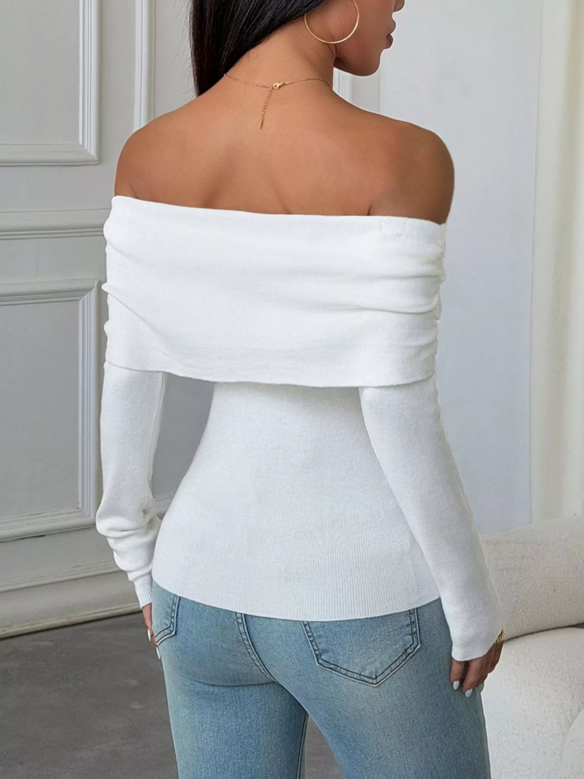White Off-Shoulder Slim-fit Ribbed Knit Top, back view