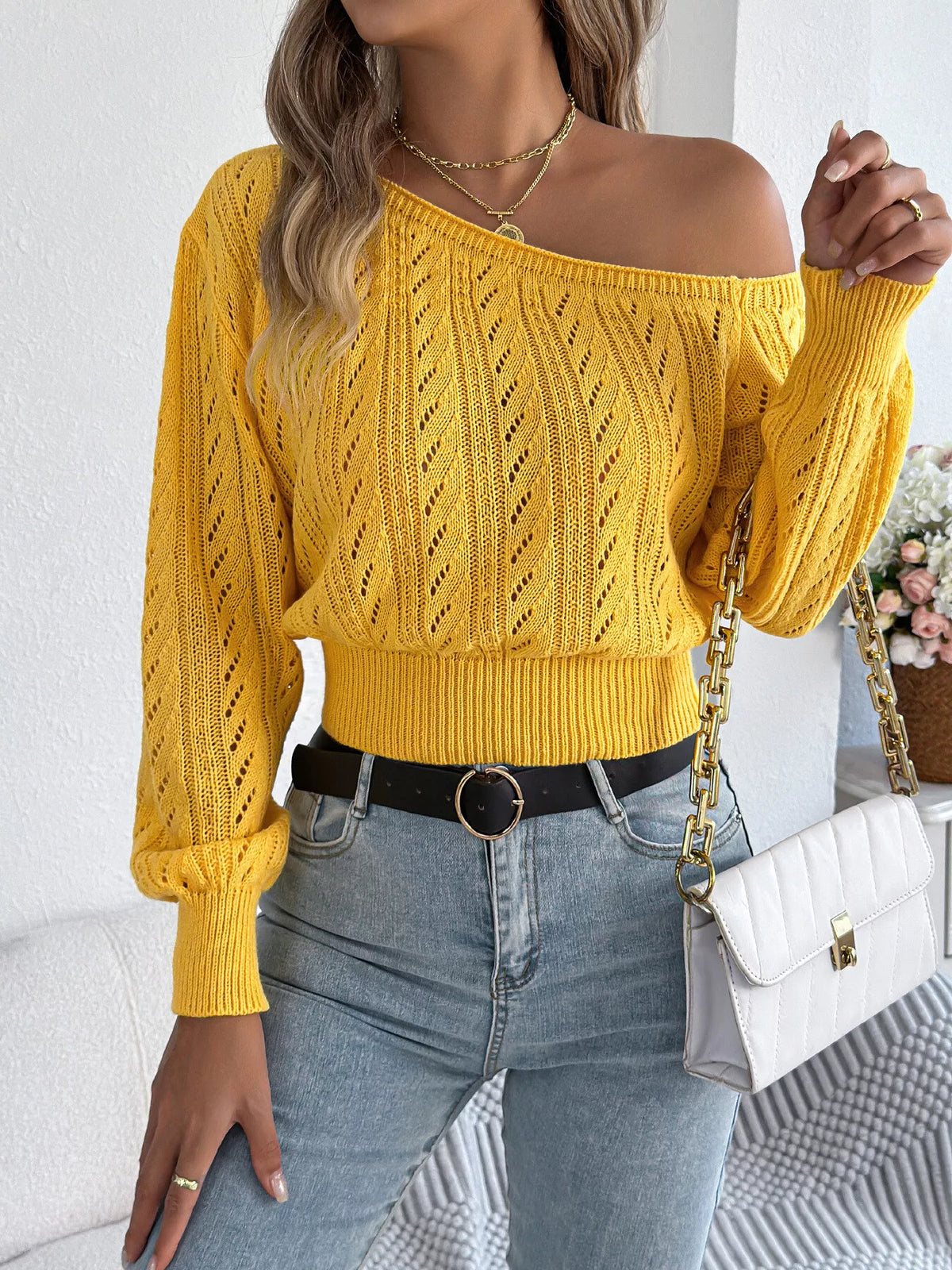 Yellow openwork one shoulder sweater