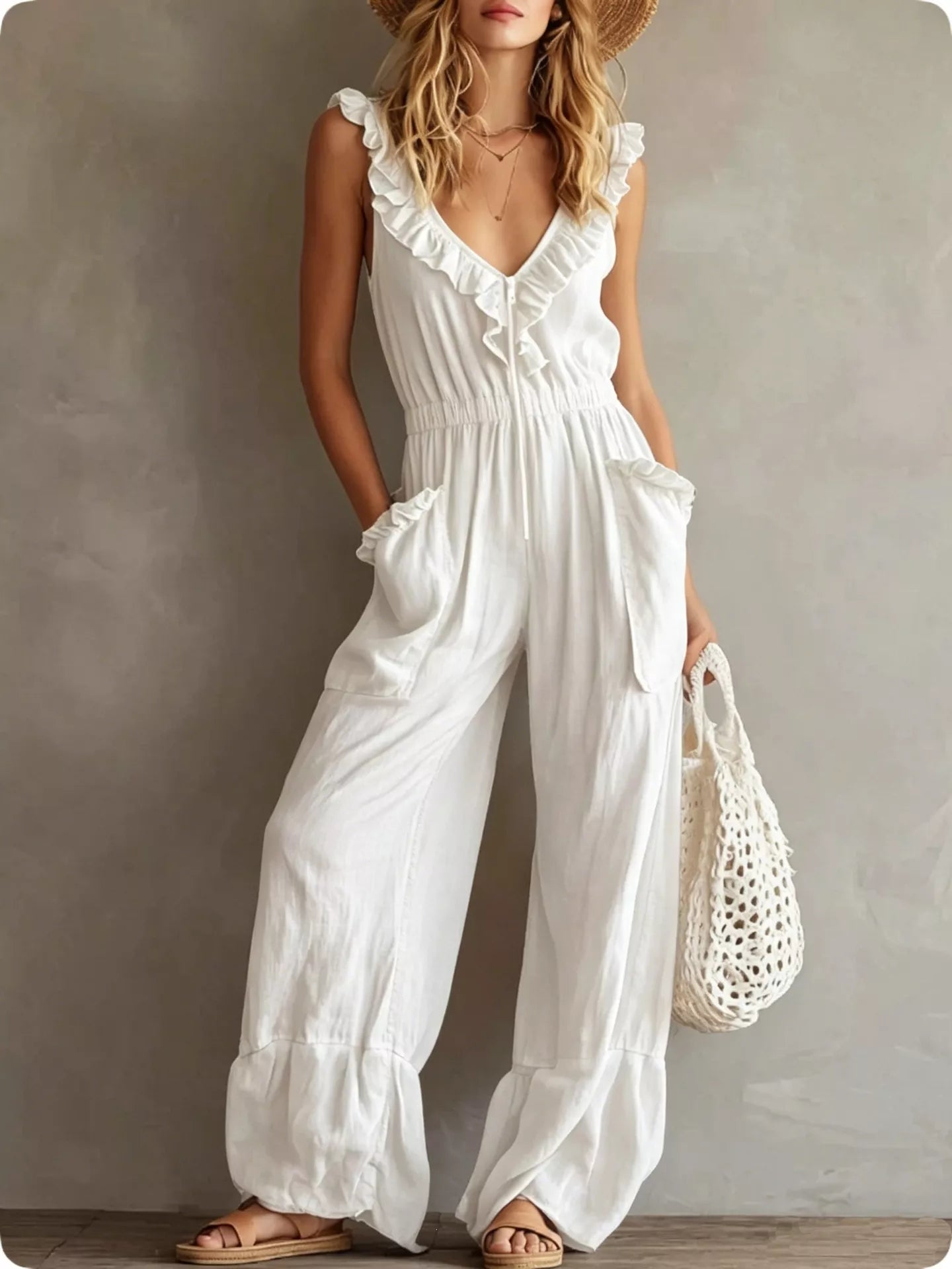 Trendsi Ruffled V-Neck Wide Leg Jumpsuit -