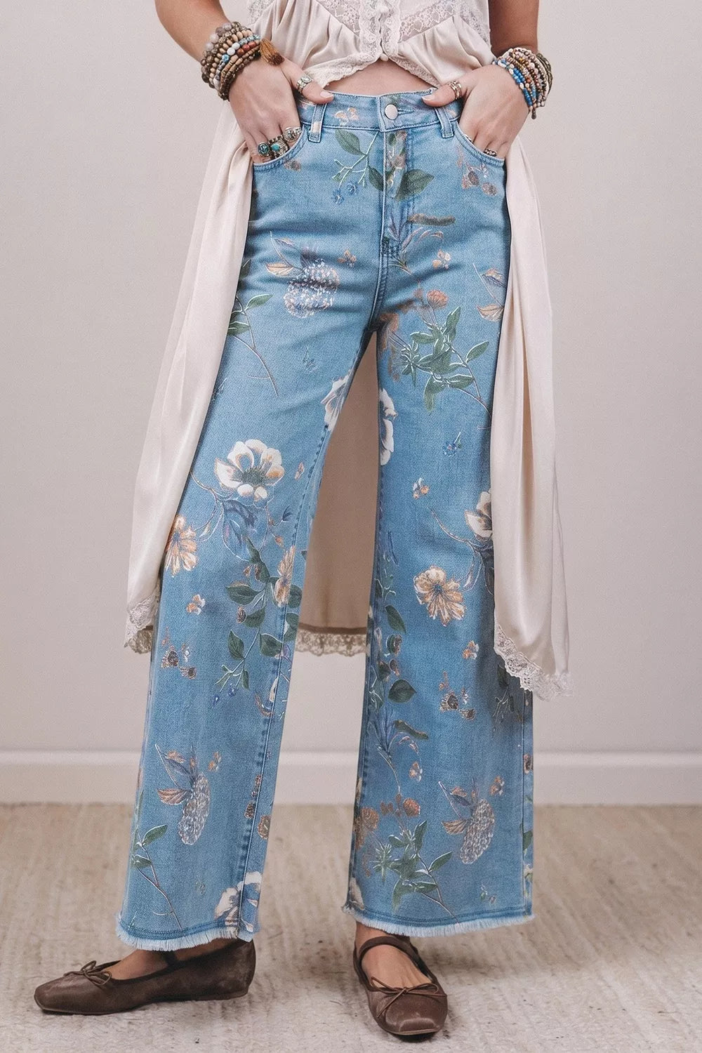 Trendsi Floral Print Wide-Leg Jeans -