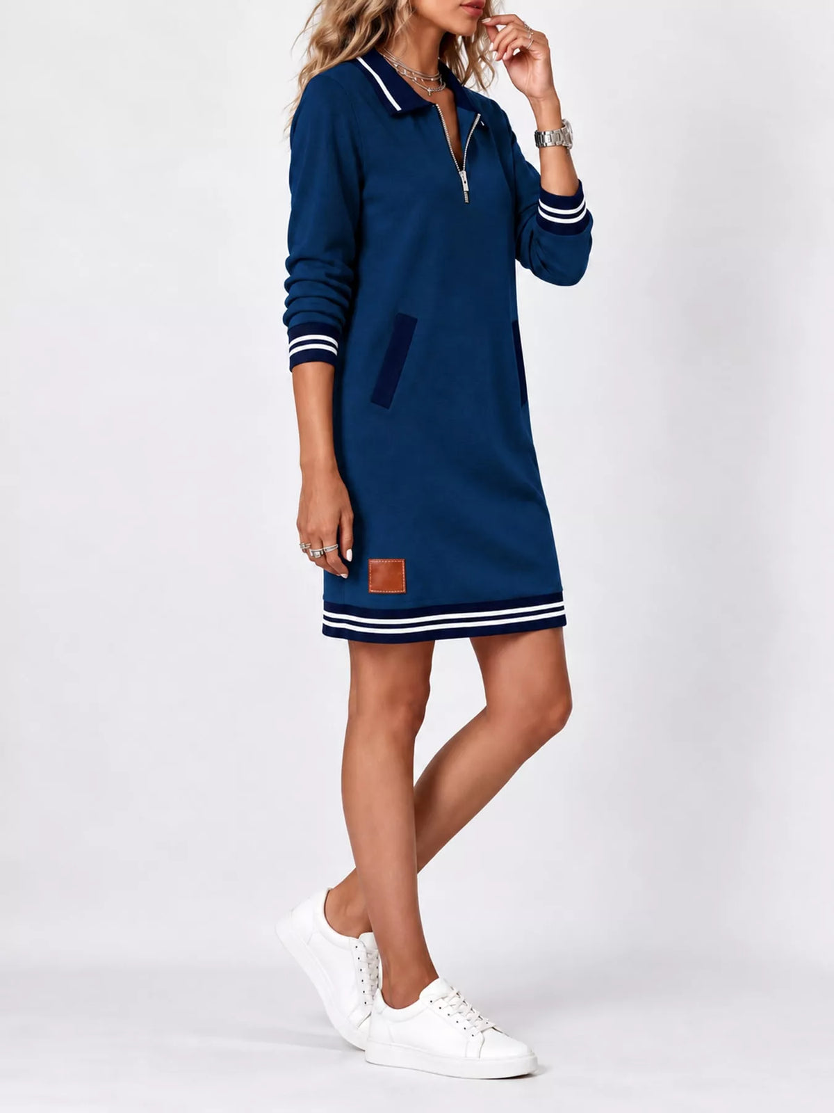 Navy zip-up polo collar knit dress