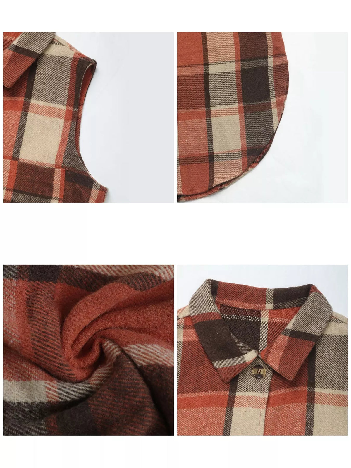 Longline Plaid Button-Down Vest Coat, detail view in rust and beige