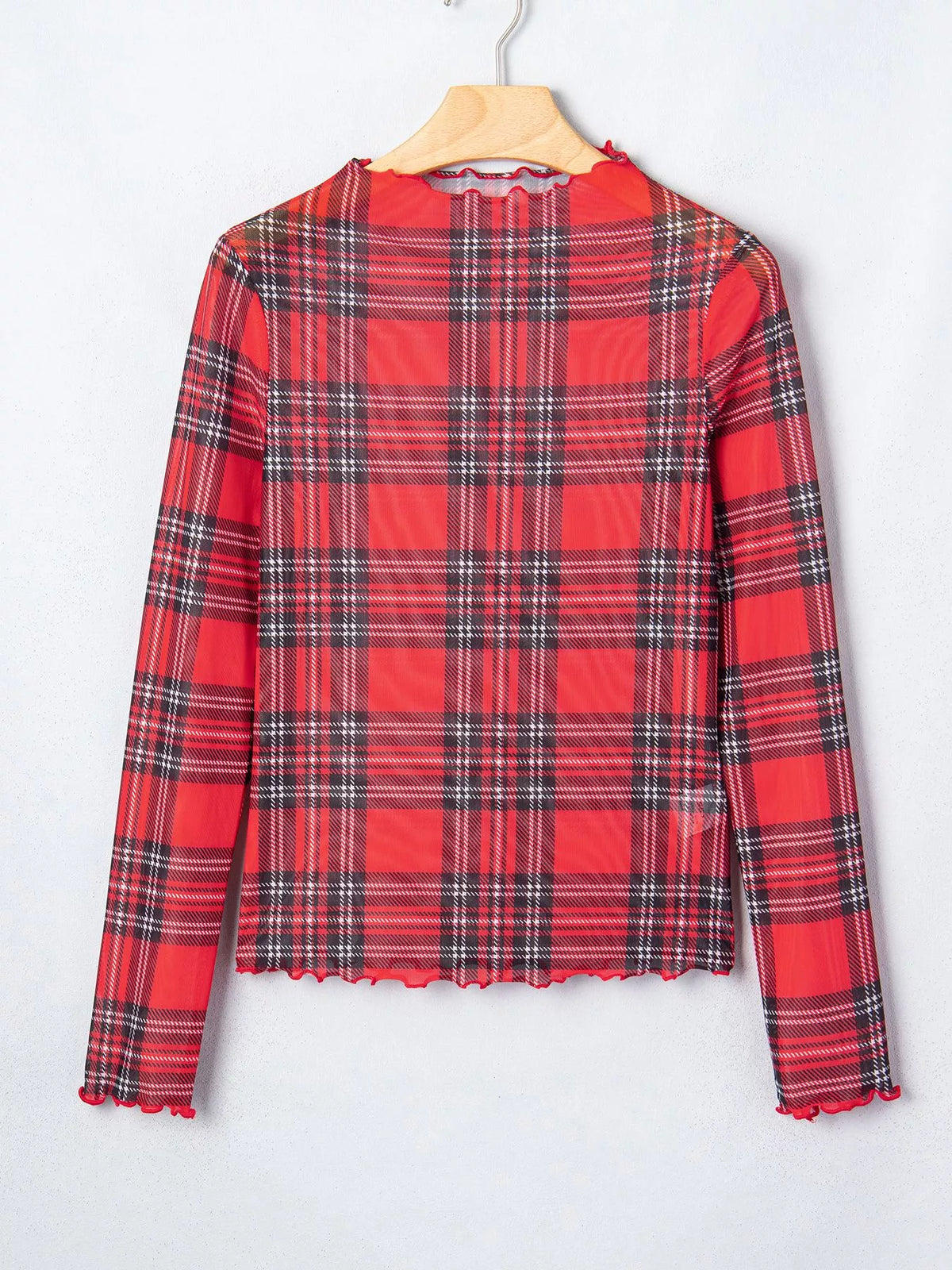 Trendsi Sheer Plaid Mock Neck Long Sleeve Blouse -